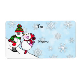 Etiqueta Homem de Neve Natal e mulher Beija Para e de