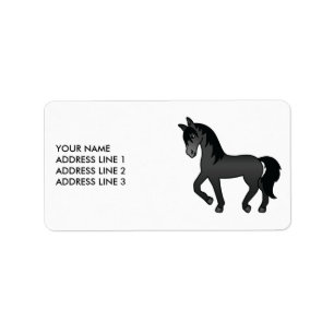 Etiqueta Horse de Trote de Cartoon em Cubo Negro e Texto Pe