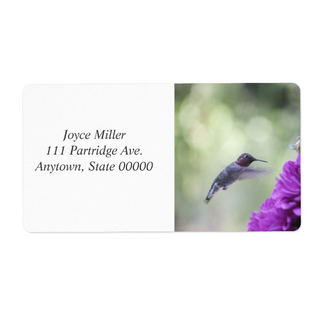 Etiqueta Hummingbird com dahlias roxas (Frente)