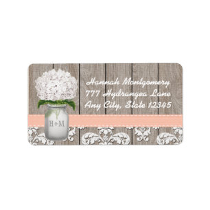 Etiqueta Hydrangea branca Monogramada Mason Jar em Peach