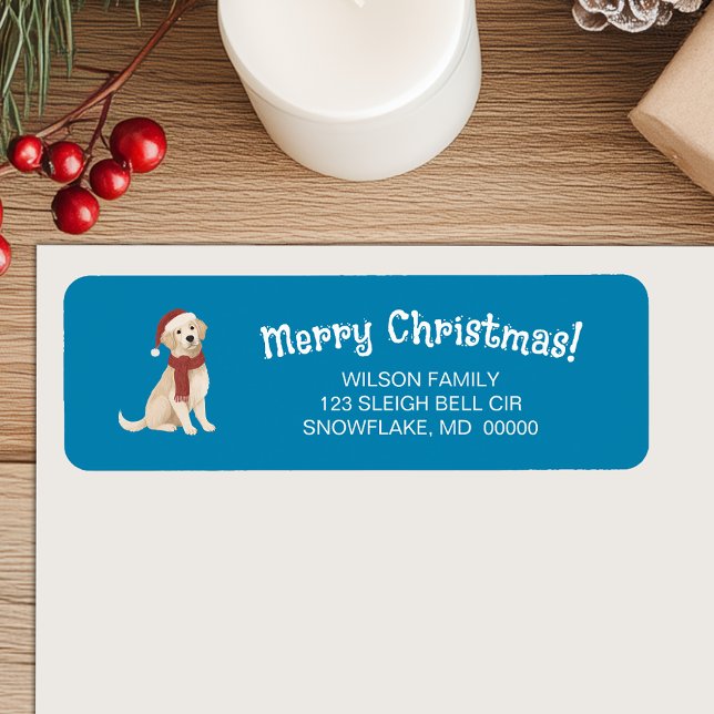 Etiqueta Ilustração de Cachorro Azul Endereço de Natal Feli (Blue Dog Illustration Merry Christmas Address Label)