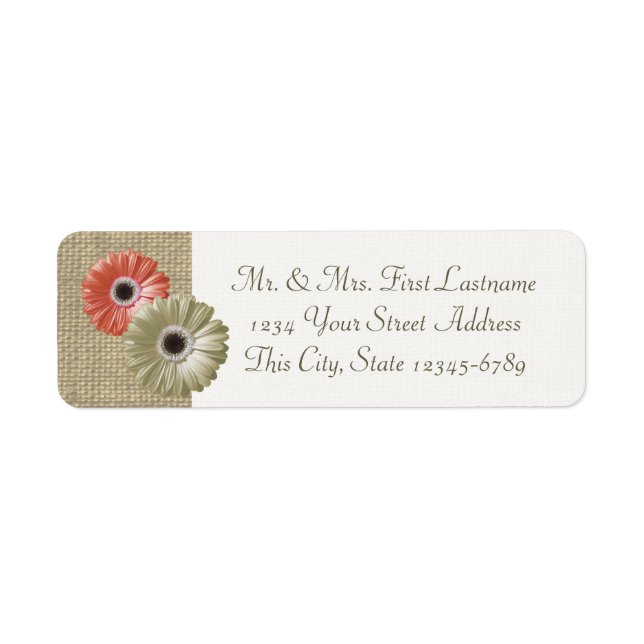Etiqueta Ivory e Coral Gerbera Daisy e Burlap (Frente)