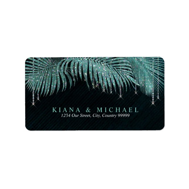 Etiqueta Jewel Palm Leaf Wedding Teal ID830 (Frente)