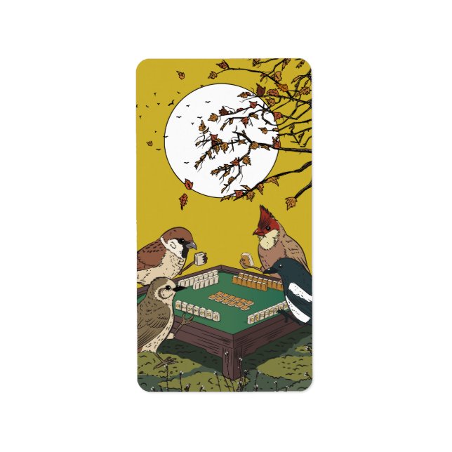Etiqueta Jogo de pássaros jogando Mahjong  (Frente)