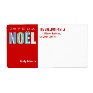Etiqueta Joyeux Noel funky azul-vermelho Natal