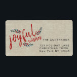 Etiqueta Joyful Rustic Linen Red Hand Lettered Christmas<br><div class="desc">Joyful deseja o Red Script e o Sketch Watercolor Berries no Beige Linen Rustic Christmas Card impresso . Design por Elke Clarke ©</div>
