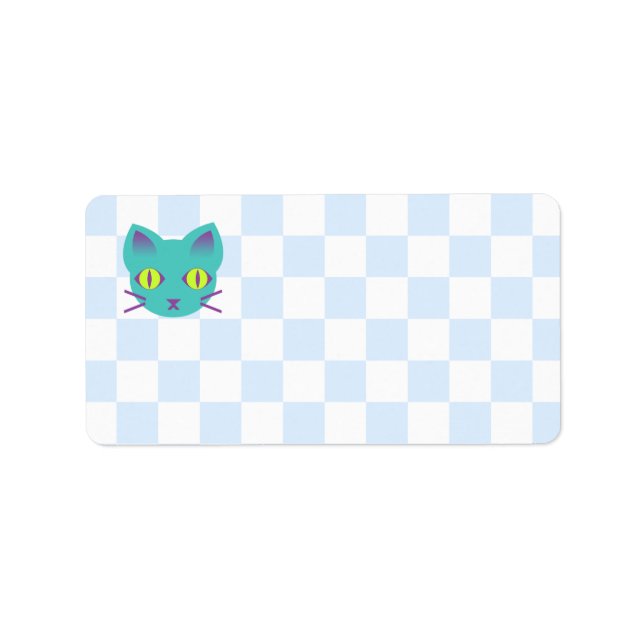 Etiqueta Kawaii Anime Kitty Blue & White Checkerboard (Frente)