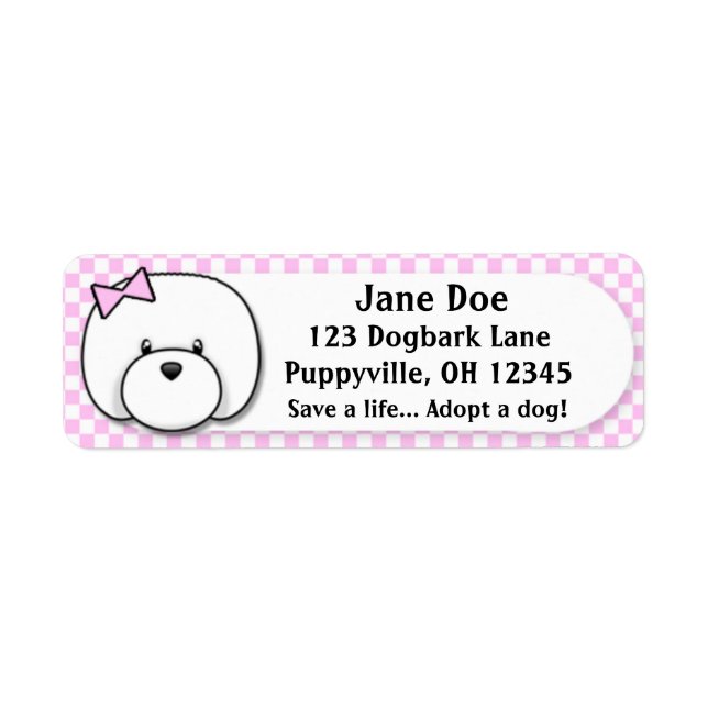Etiqueta Kawaii Pink Gingham Bichon Frise (Frente)