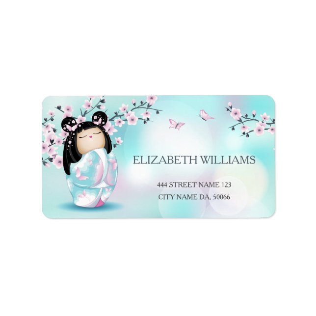 Etiqueta Kokeshi Doll Cherry Blossoms (Frente)