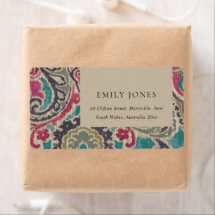 ETIQUETA KRAFT BOHO TRIBAL IKAT PINK ENDEREÇO TEAL CASAMENT