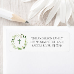 Etiqueta Leafy Wreath Cross Religião Return Address Label