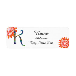 Etiqueta Letra Cor de Laranja Brilhante Floral K Monograma