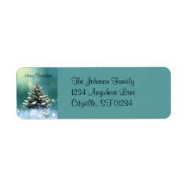 Etiqueta Linda árvore de Natal com neve e luzes Douradas