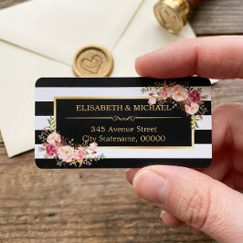 Etiqueta Linda Dourada decoração floral Black White Stripes