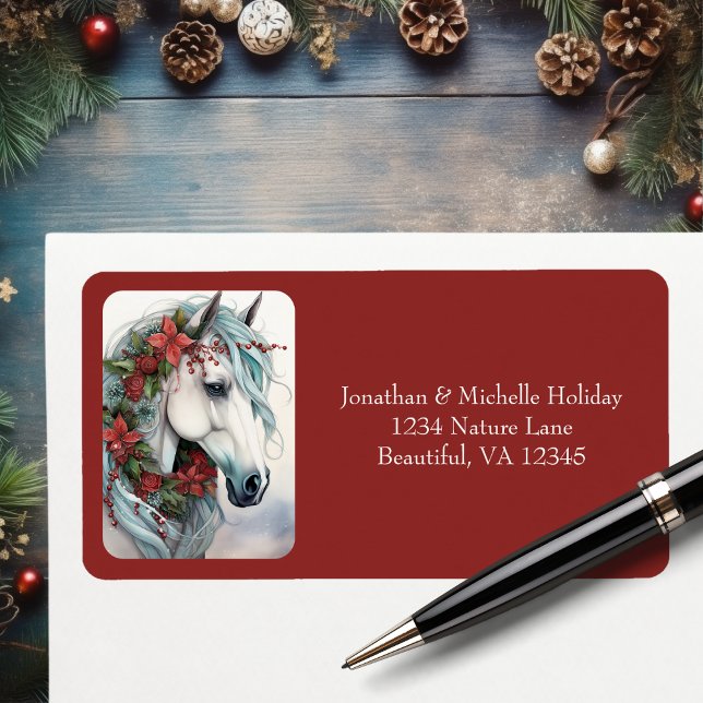 Etiqueta Linda morada de Natal de Cavalo Branco (Beautiful White Horse Christmas Address Label)