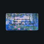 Etiqueta Lírios de água<br><div class="desc">Water Lily é uma série de mais de 200 pinturas a óleo do Impressionista Francês Claude Monet. Esta pintura,  completada em 1919,  apresenta tons de azul e rosa.</div>
