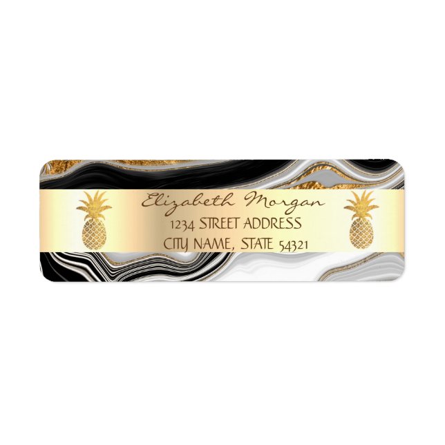 Etiqueta Listra de Abacaxi Dourado Preto Mármore Dobrável (Frente)