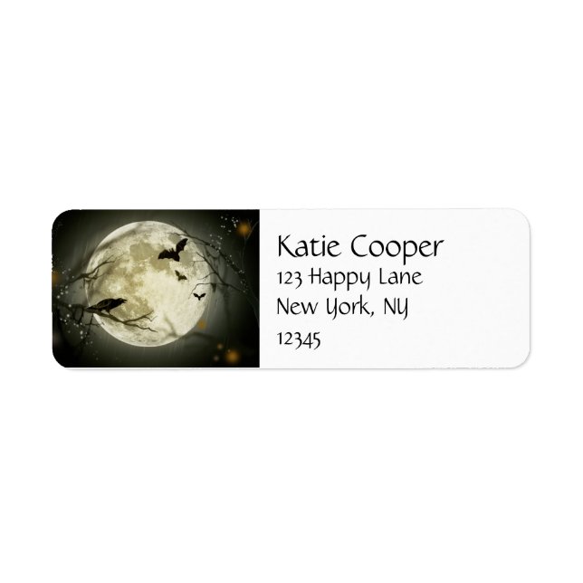 Etiqueta Lua cheia com morcegos e Raven. (Frente)