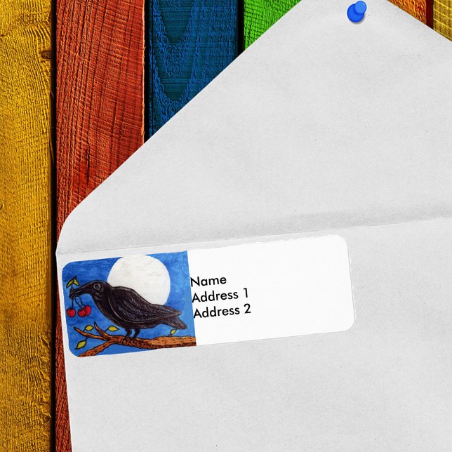Etiqueta Lua das Cerejas de Coroa Negra (Black crow holding cherries full moon on a branch return address labels.)