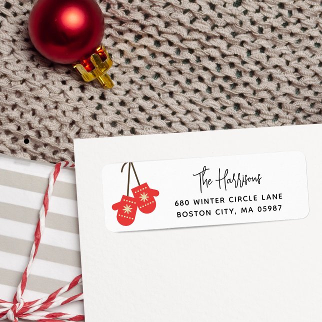 Etiqueta Luvas Vermelhas de Caligrafia Moderna Endereço de  (Modern Calligraphy Red Mittens Return Address Label)