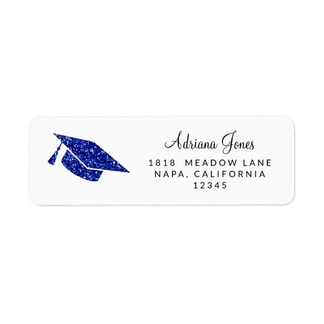 Etiqueta Luxury Blue Glitter Graduação Hat Endereço de Devo (Frente)