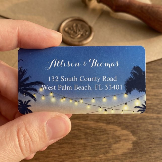 Etiqueta Luzes Românticas de Palmeiras de praia sunset (Criador carregado)