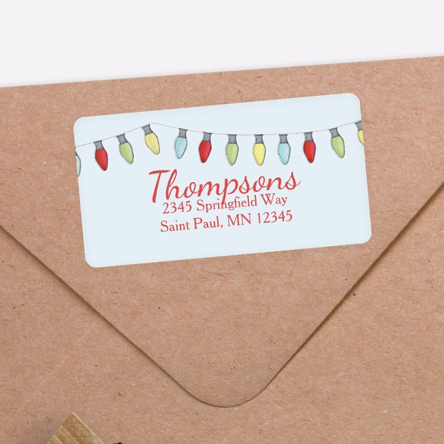Etiqueta Luzes simples de cadeia de natal personalizadas (Festive holiday lights whimsical return address label,)
