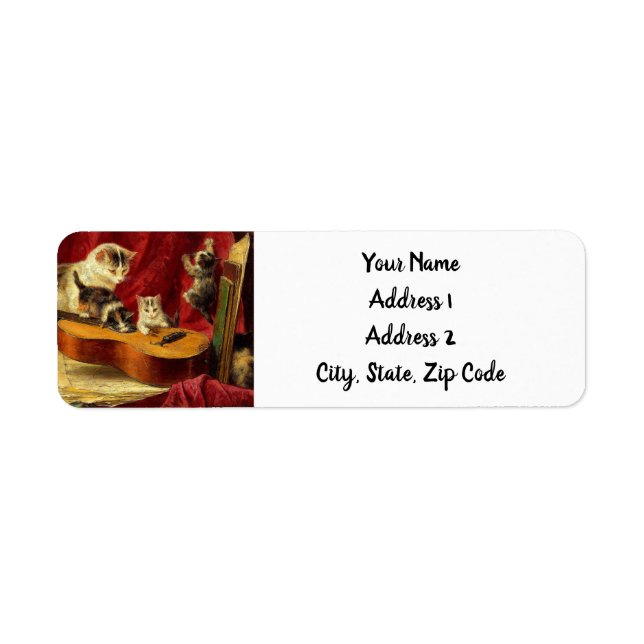 Etiqueta Mãe Gato e Gatinhos Brincando com Violão (Frente)