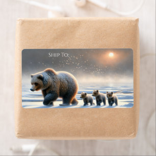 Etiqueta Mãe Urso Pardo Filhotes de Urso Tundra Ártica Cong