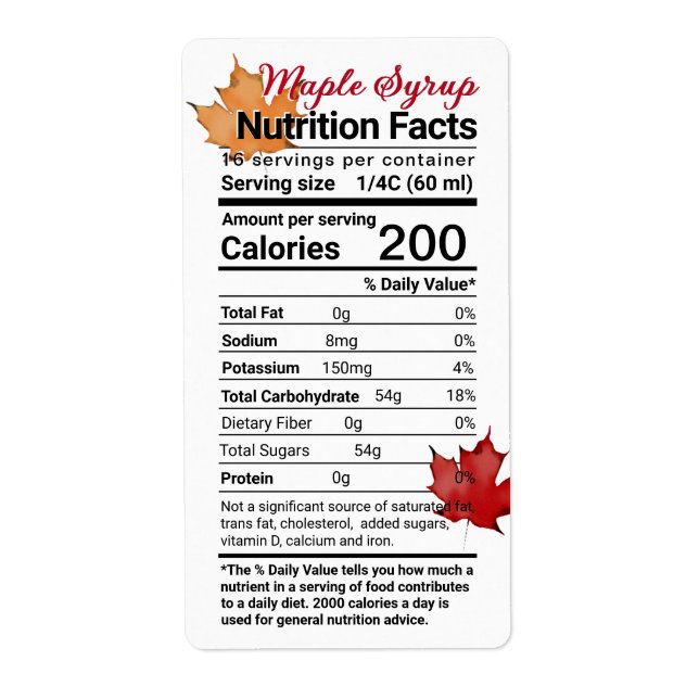 Etiqueta Maple Syrup Nutrition Facts with Leaves (Fatos de  (Frente)