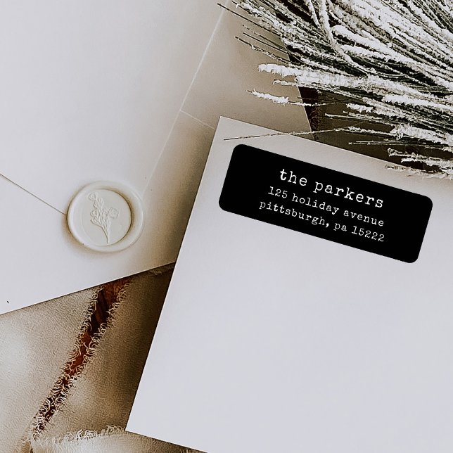 Etiqueta Máquina de Natal | Endereço para devolução em pret (Stylish black return address labels with typewriter text)
