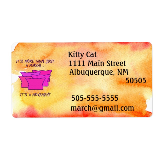 Etiqueta Marcha feminina, chapéu rosa, movimento, aquarela (Frente)