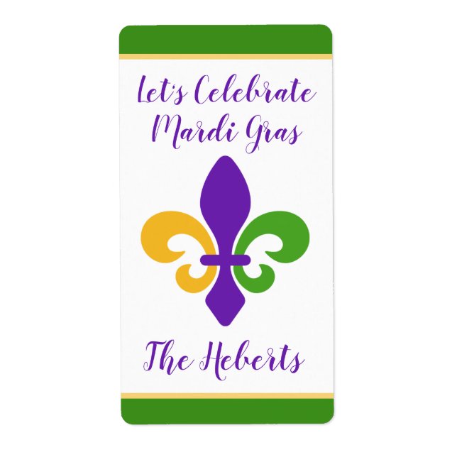Etiqueta Mardi Gras NAME Green Gold Purple Fleur de Lis (Frente)