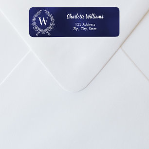 Etiqueta Marinho azul branco monograma wath back address