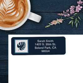 Etiqueta Marinho Azul e Branco Monstera Leaf Endereço de De