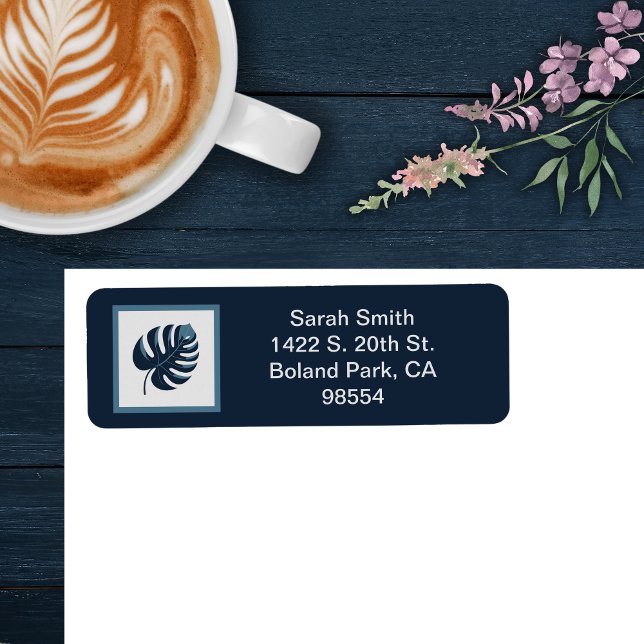 Etiqueta Marinho Azul e Branco Monstera Leaf Endereço de De (Criador carregado)