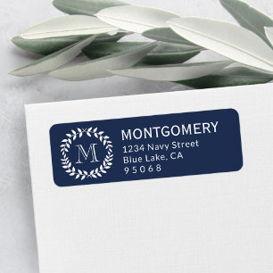 Etiqueta Marinho Azul Laurel Wreath Monograma Endereço de 