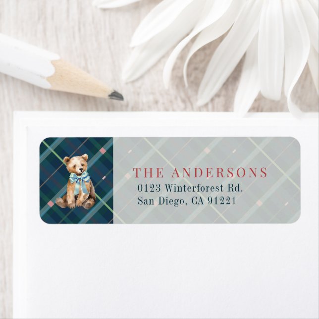 Etiqueta Marinho azul Xadrez Teddy Bear Arco Endereço de de (Insitu)