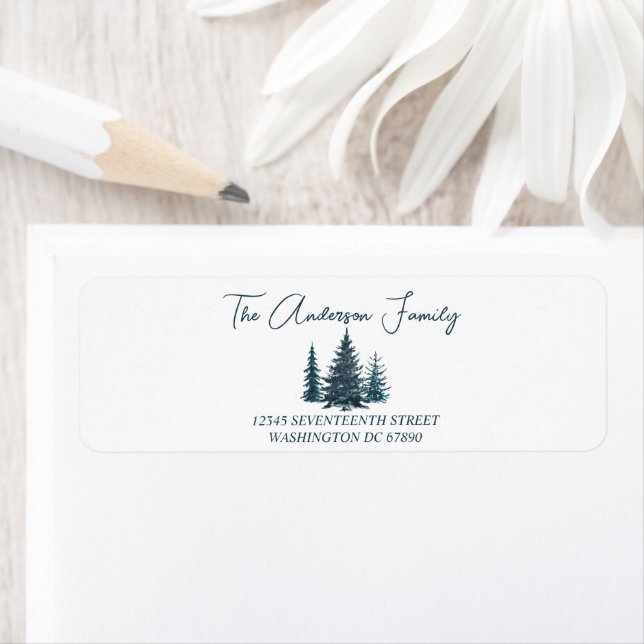 Etiqueta Marinho de Aquarela Árvores de Pinheiros Azuis Fel (Insitu)