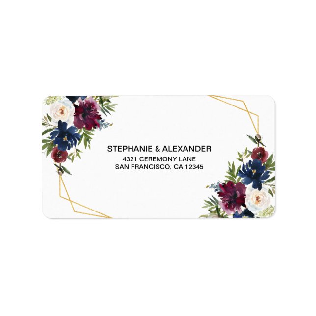 Etiqueta Marinho Geométrico Flores de Borgonha Casamento (Frente)