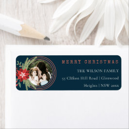 Etiqueta Marinho Red Christmas Circle Photo Poinsettia Ende