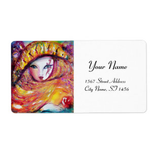 ETIQUETA MÁSCARA CARNIVAL AMARELO COM ROSA VERMELHA