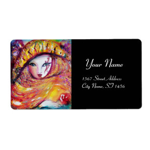 Etiqueta MÁSCARA CARNIVAL AMARELO COM ROSA VERMELHA, Preto