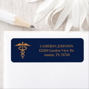 Etiqueta Médico Caduceus Marinho Azul Dourado Médico