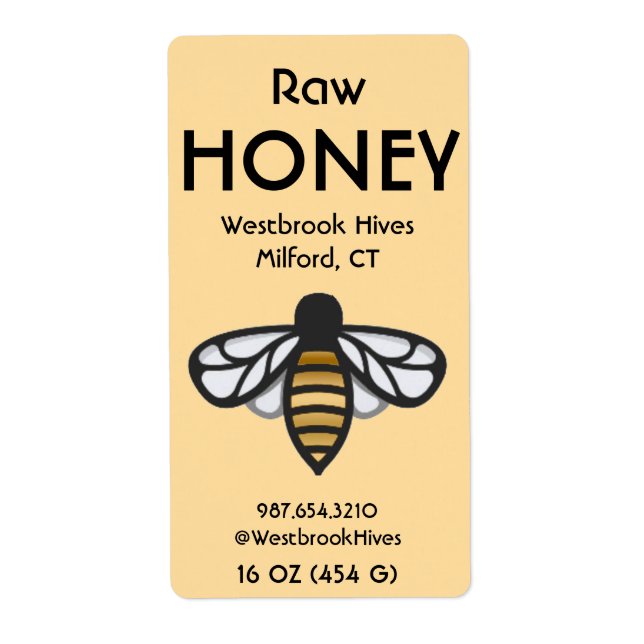 Etiqueta Mel cru com rótulo HONEY amarelo de Abelha  (Frente)