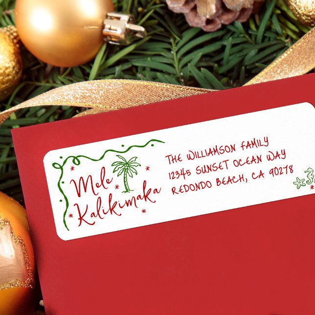 Etiqueta Mele Kalikimaka Red Green Doodle Christmas Address (Criador carregado)