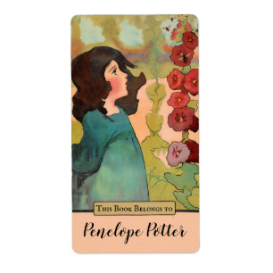 Etiqueta Menina bonito com Hollyhocks e Abelhas Bookplate