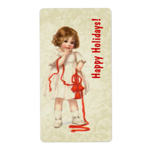 Etiqueta Menina do natal vintage e fita vermelha Ver3