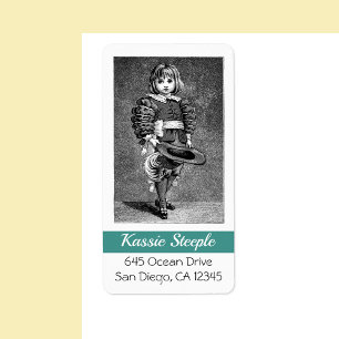 Etiqueta menino da arte dos 1800s vestido toda acima com um