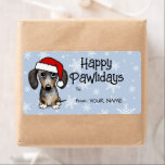 Etiqueta Merle Dachshund Dog Natal Para O Presente<br><div class="desc">Adorável Merle Dachshund vestindo um chapéu de Papai Noel. Uma folha de etiquetas para e de dentro para ficar em todos os seus presentes de férias. Depois de ter cuidado para prender os presentes de Natal, estas lindas etiquetas de Doxie são o toque perfeito. Visite o Doodle World de Jenn...</div>